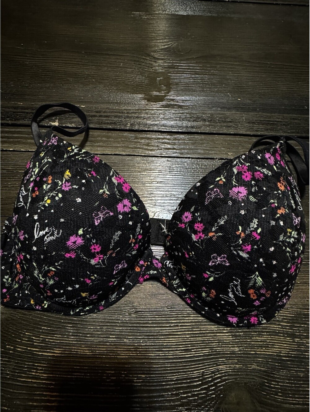 PINK Victoria’s Secret Wear Everywhere Push Up Bra 34D Black Floral Lace